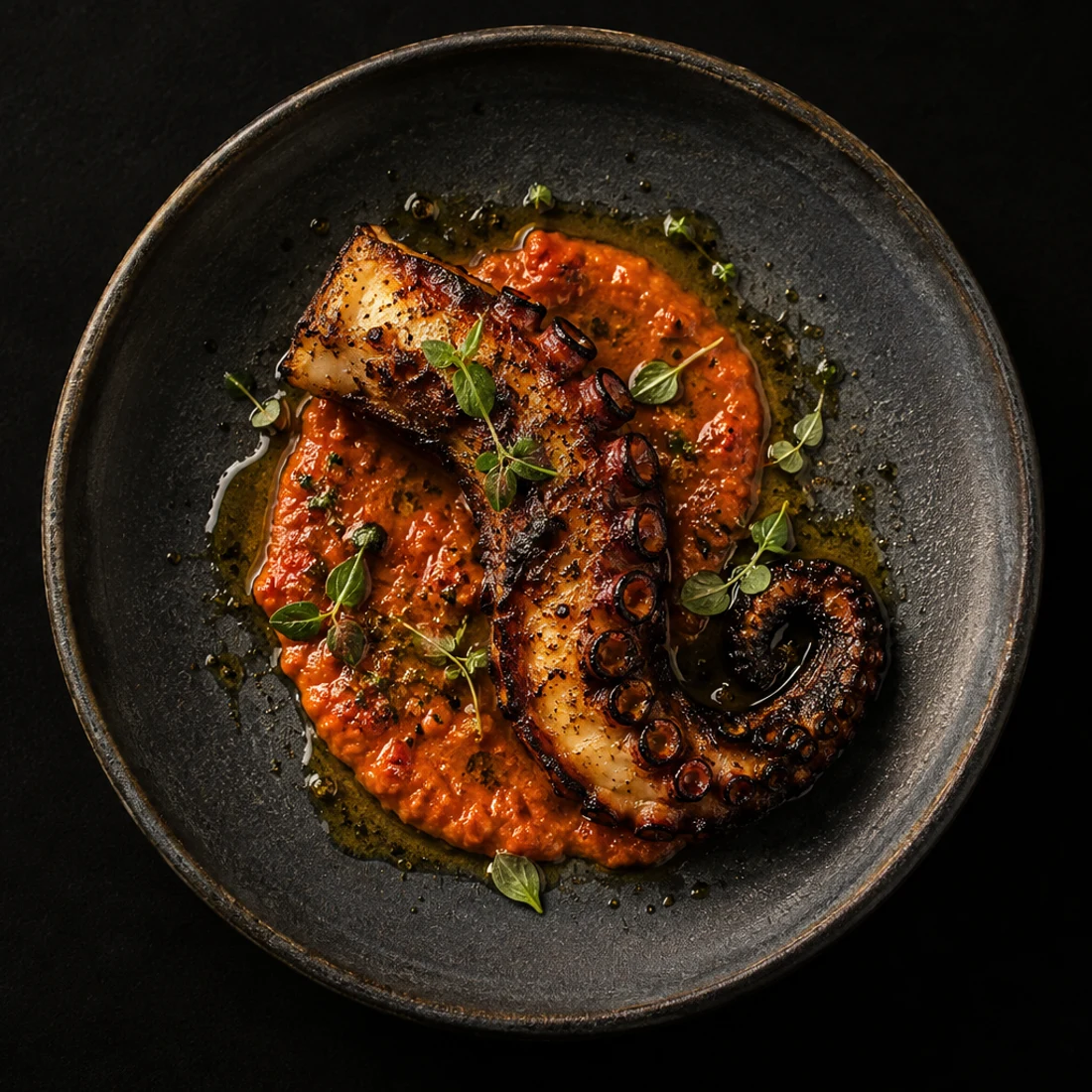 Charred octopus — Romesco · burnt lemon · garden herbs